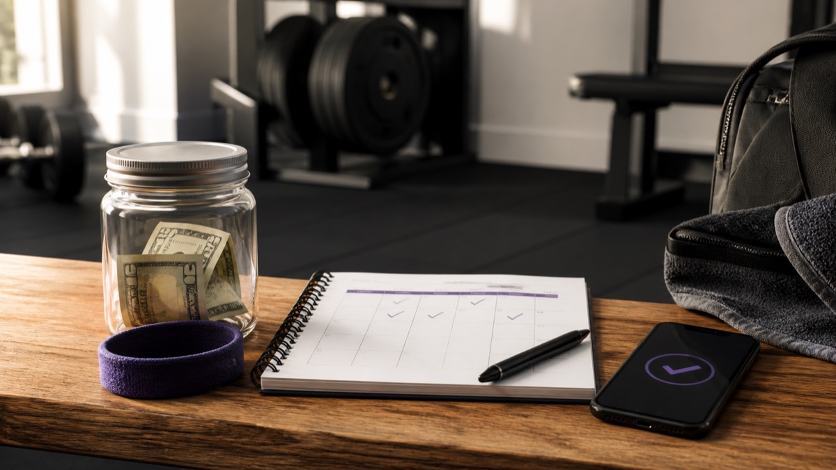 Commitment deposit jar beside a workout calendar and completed workout checkmark