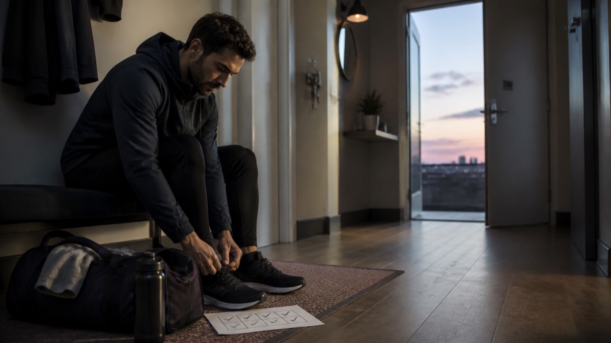 Person tying gym shoes beside a prepared gym bag before sunrise